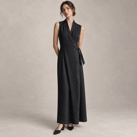 J. Jill Dresses & Skirts - J. Jill 100% Silk Wrap Maxi Dress Crinkle Black Minimalist Goth Old Money S EUC